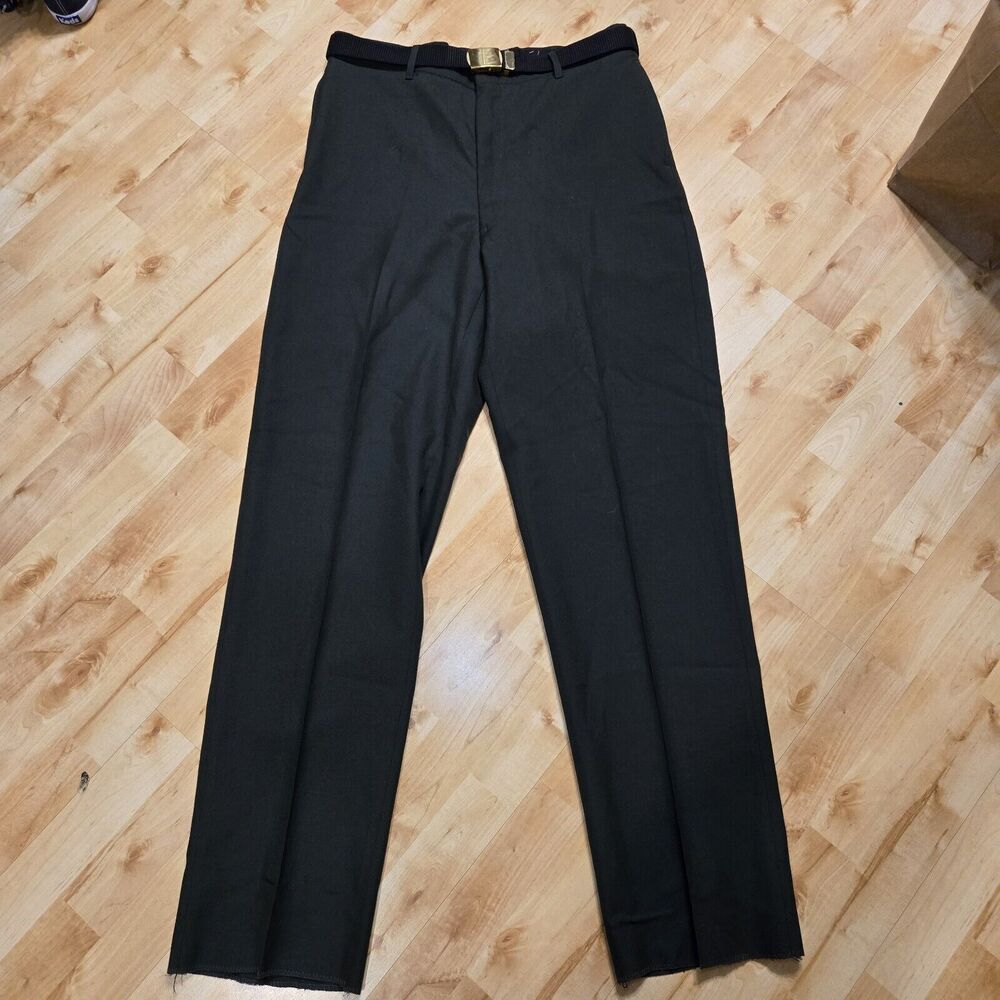 VINTAGE Military Pants Mens 35R Green Wool Blend Trousers Unhemmed Brass Belt